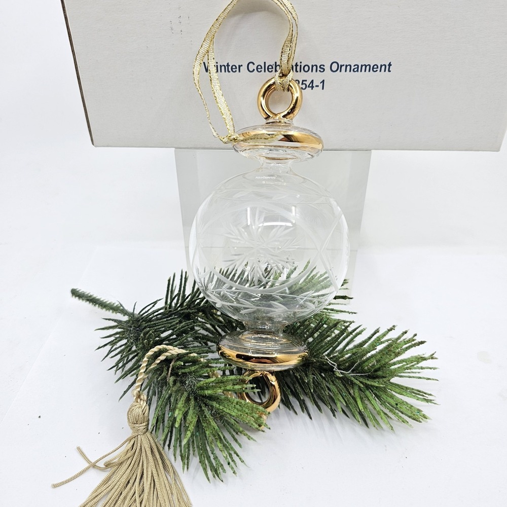 Waterford Marquis Winter Celebrations Etched Crystal Glass Ornament w/Gold Trim